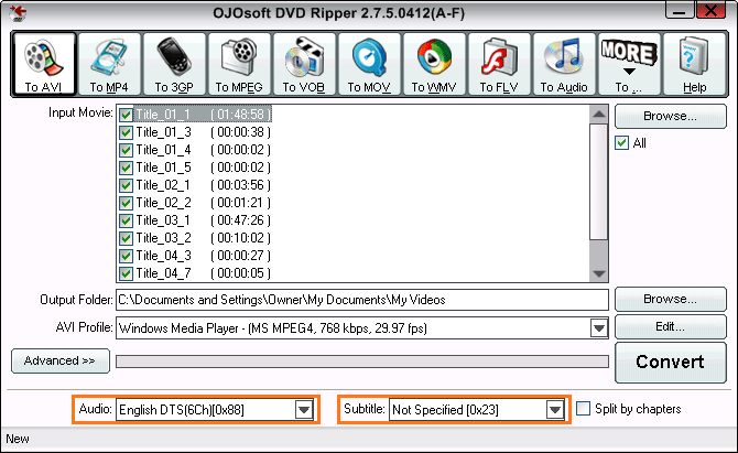 select DVD audio track and DVD subtitle